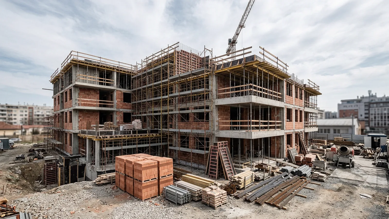 Rohbau mit Ziegelmauerwerk und Betonfertigteilen