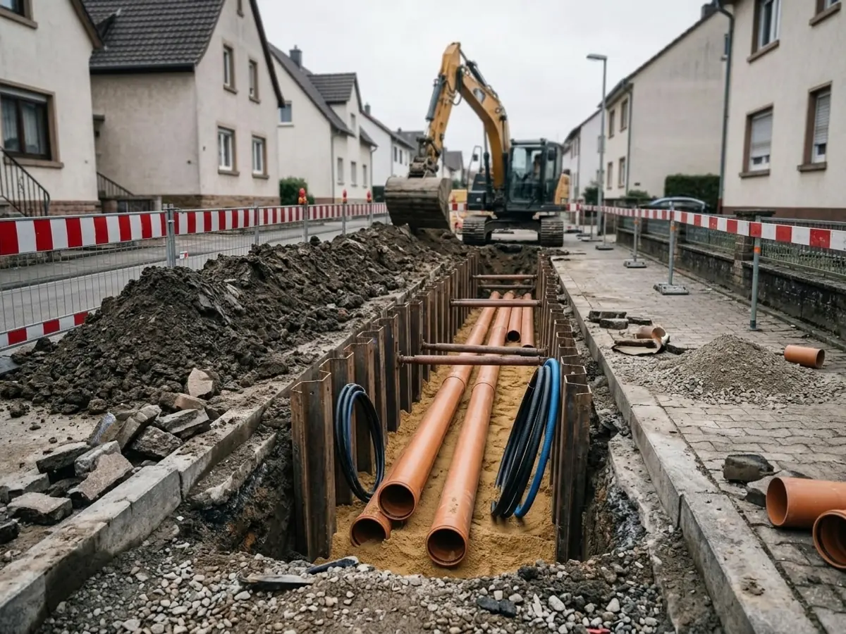 Leitungsgraben mit Verbau, Kanalrohren und Bagger in einer Wohnstraße