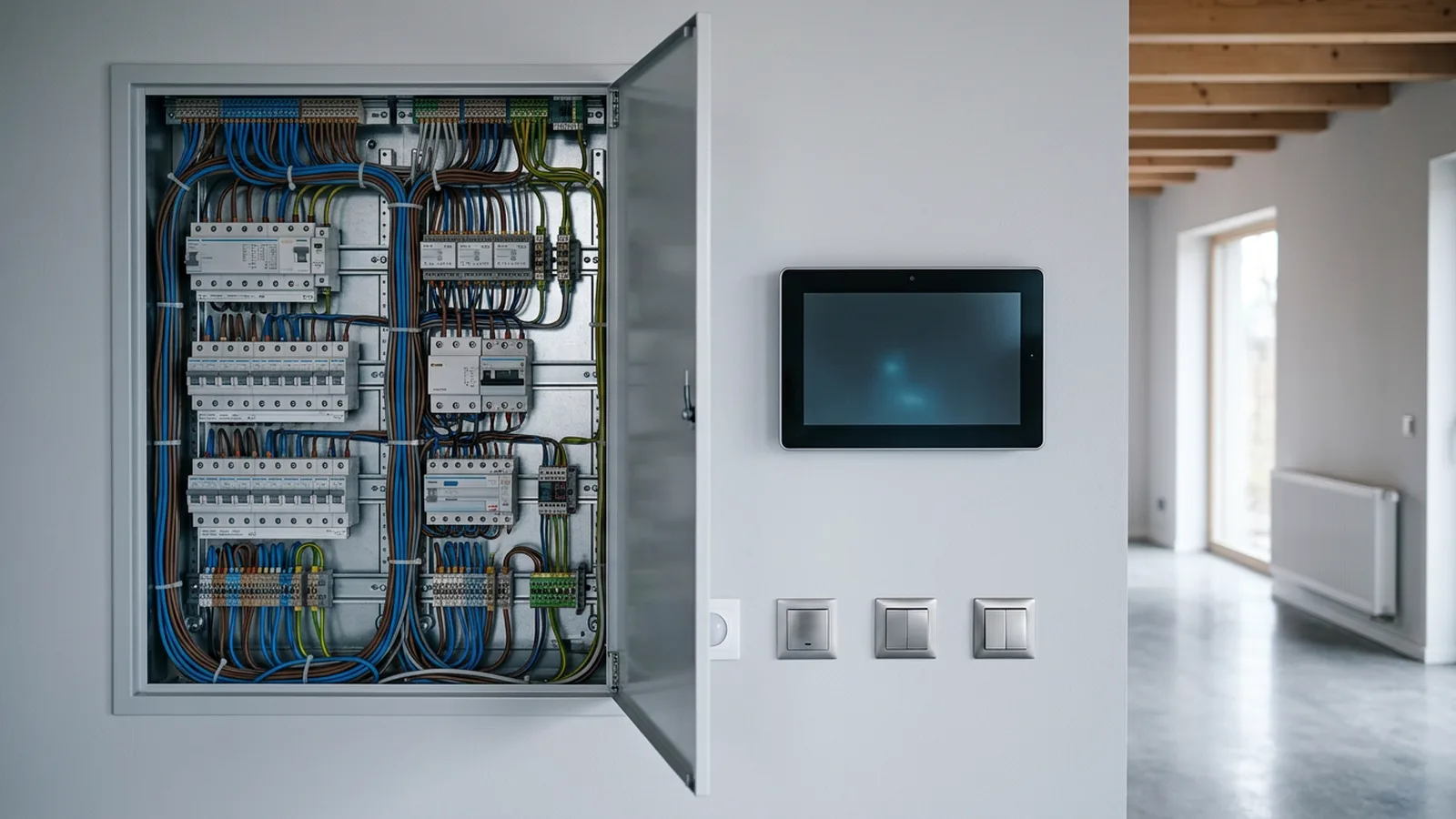 Elektro-Verteilerkasten neben Smart-Home-Bedienpanel