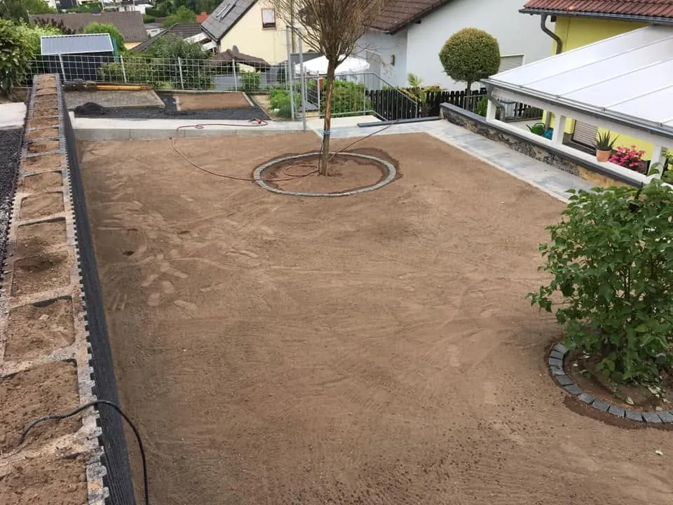 Baumscheibe mit Natursteinpflaster in einer neuen Gartenanlage