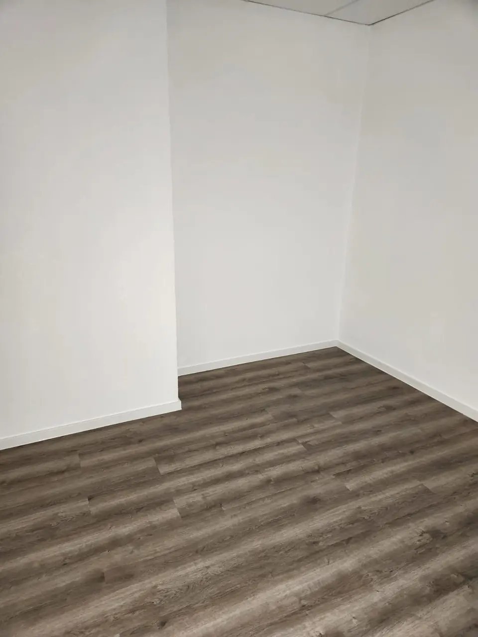 Frisch gestrichener Raum mit Wandvorsprung und Holzoptik-Boden
